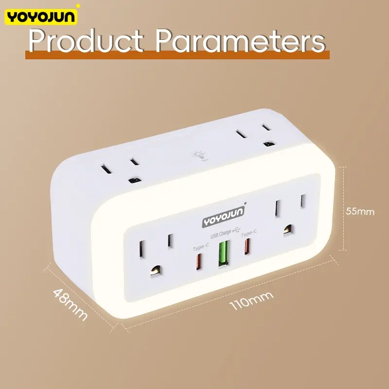 YOYOJUN Wall Outlet Extender with Night Light, 6 AC Outlets 2 USB-C & 1 USB Port, Multi Plug Outlet Adapter, Overload Protection for Home Bedroom Office