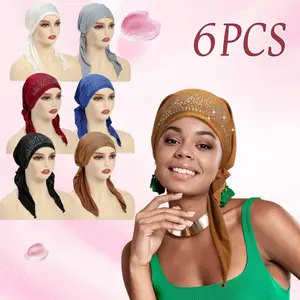 6pcs Stretchy Pre-Tied Rhinestone Neck Scarf & Solid Color Turban Cap - Women's Sports & Outdoor Head Wrap, Bandana, Beanie, Durag, Skull Cap Headband