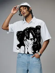Unisex White Cropped Short Sleeve Button-Up Shirt | Black & White Anime Girl Print Japanese Streetwear Y2K Casual Top Casual Summer Style