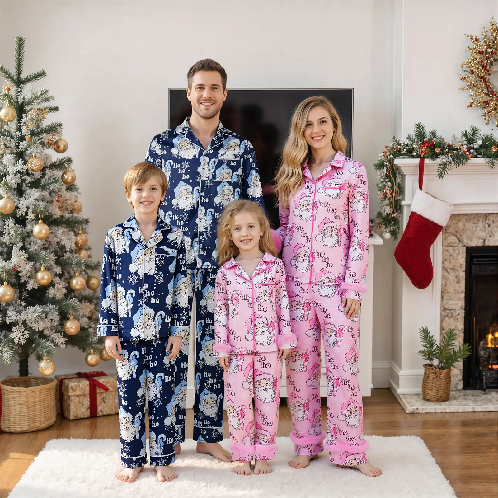 Matching Family Christmas Pajamas Set Santa Letter Print Satin Sleepwear Dad Mom Kids Cozy Holiday PJs Gift Entire Family Pink Lightweight Breathable Trendy Streetwear Vacation Beach Travel Resort Daily Lounge Home Soft