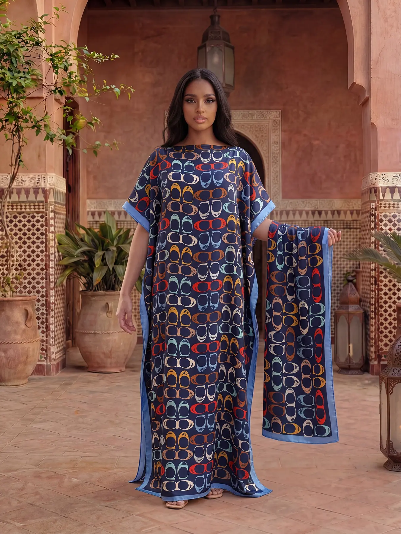 Elegant Casual Chic Boho Style Long Robe Set, Multicolor Geometric Print Matching Shawl Dress + Headscarf Scarf, Women's Summer Beach Sun Protection Satin Silk Bohemian Fitted Outfit Boho Casual Fashion Lady