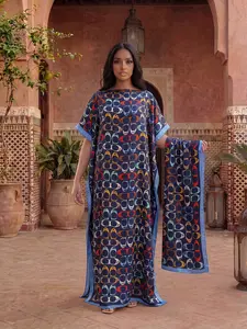 Elegant Boho Style Long Robe Set, Multicolor Geometric Print Matching Shawl Dress + Headscarf Scarf, Women's Beach Sun Protection Satin Silk Bohemian Fitted Outfit Lady