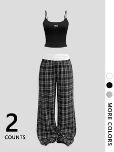 Y2K Aesthetic Two-Piece Set, Clothes: Bow Strap Top & Plaid Loose Jogger Pants Set, 2025 Summer Outfit. Soft, Fitted Crop Top & High-Waist Casual Pants Perfect for Street Style, Casual Look #TwoPieceSet #Y2KFashion #PlaidPants #SummerOutfit
