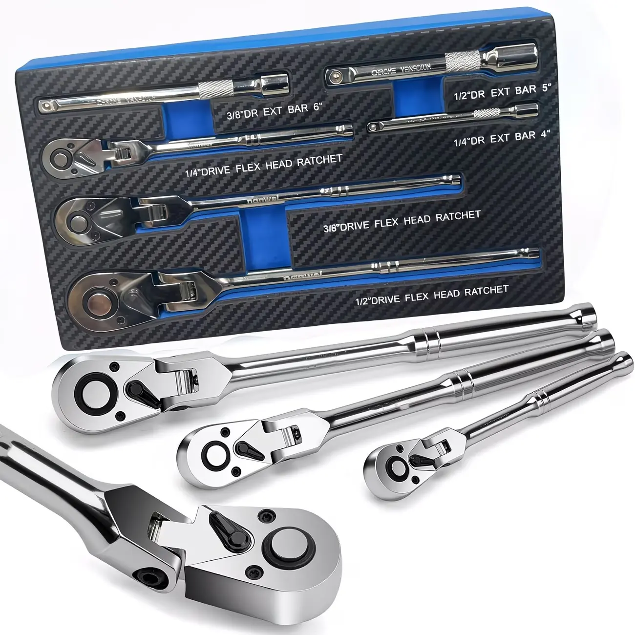 Nanwei 3/6pcs Professional Flex Head Ratchet Set with Extension Bars - 1/4"-3/8"-1/2" Drives, 72-Tooth Swivel Head, Quick-Release Mechanism, Automotive Tools for Mechanics, Auto Repairs, Gift for Tradespeople