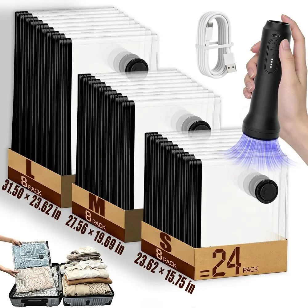 Cordless USB-Rechargeable Air Pump Vacuum Storage Kit with Airtight Waterproof Compression Bags for Suitcase Packing, Bedding Storage (Camping & Hiking Sleeping Bag Accessory)