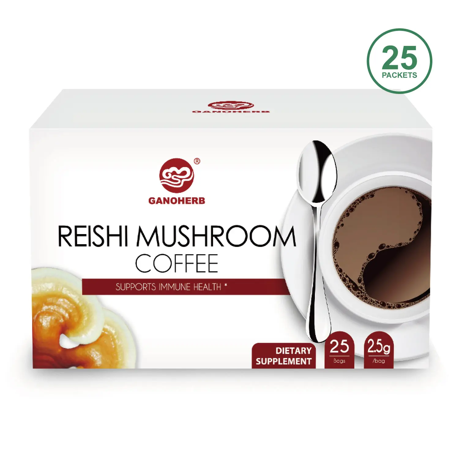 GANOHERB Reishi Mushroom Coffee, Premium Arabica with Adaptogenic Reishi, Sugar-Free, Additive-Free, Energy Support, 25 Count Box