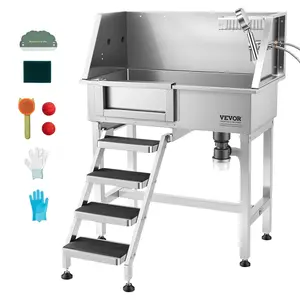 【Summervibes】VEVOR 34" Dog Washing Station, Stainless Steel Pet Grooming Tub Bathtub, Professional Dog Wash Sink with Shower, Faucet, Soap Holder, Non-Slip Stairs Easy-Clean Design for Small Pets Cats (Left Door)