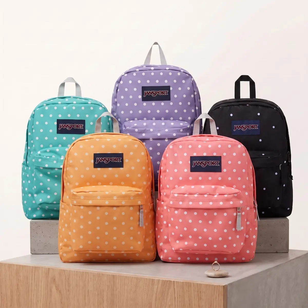 JanSport Polka Dot Print Backpack, Cute Lightweight Student School Bag, Fashion Casual Daypack Rucksack for Teen Girls Multiple Colors Available