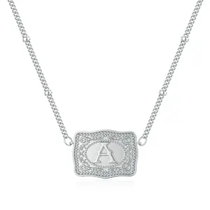 Titanium Steel Rhodium-Plated Initial Letter Pendant Necklace with Embossed Belt Buckle, Personalized Pendant Necklace for Women