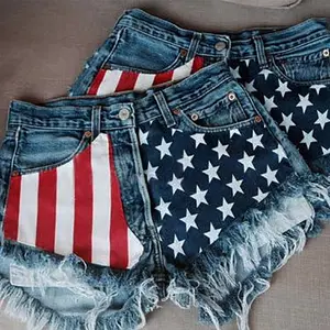 Women's Streetwear Denim Jean Shorts, Bottom with Flag Tassels and Star Prints