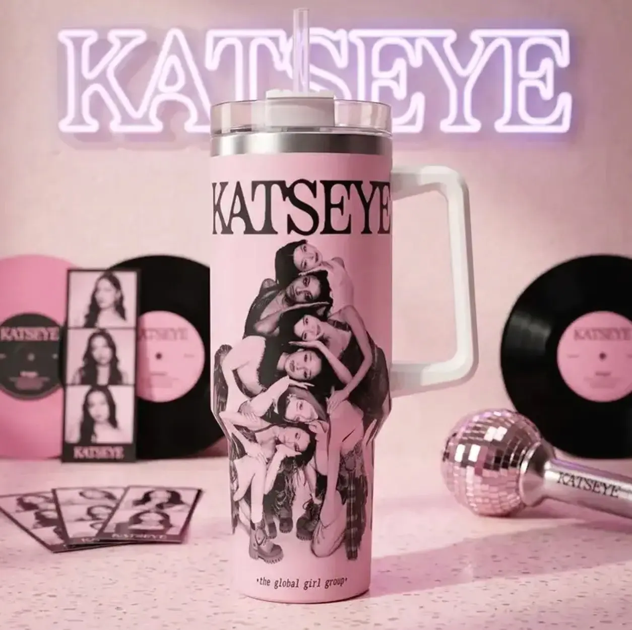 [K-Pop Fan Style] KATSEYE Inspired Tumbler 40oz 20oz With Handle, Pink Aesthetic Girl Group Artwork Stainless Steel Insulated Travel Cup, K-Pop Fan Drinkware Gift