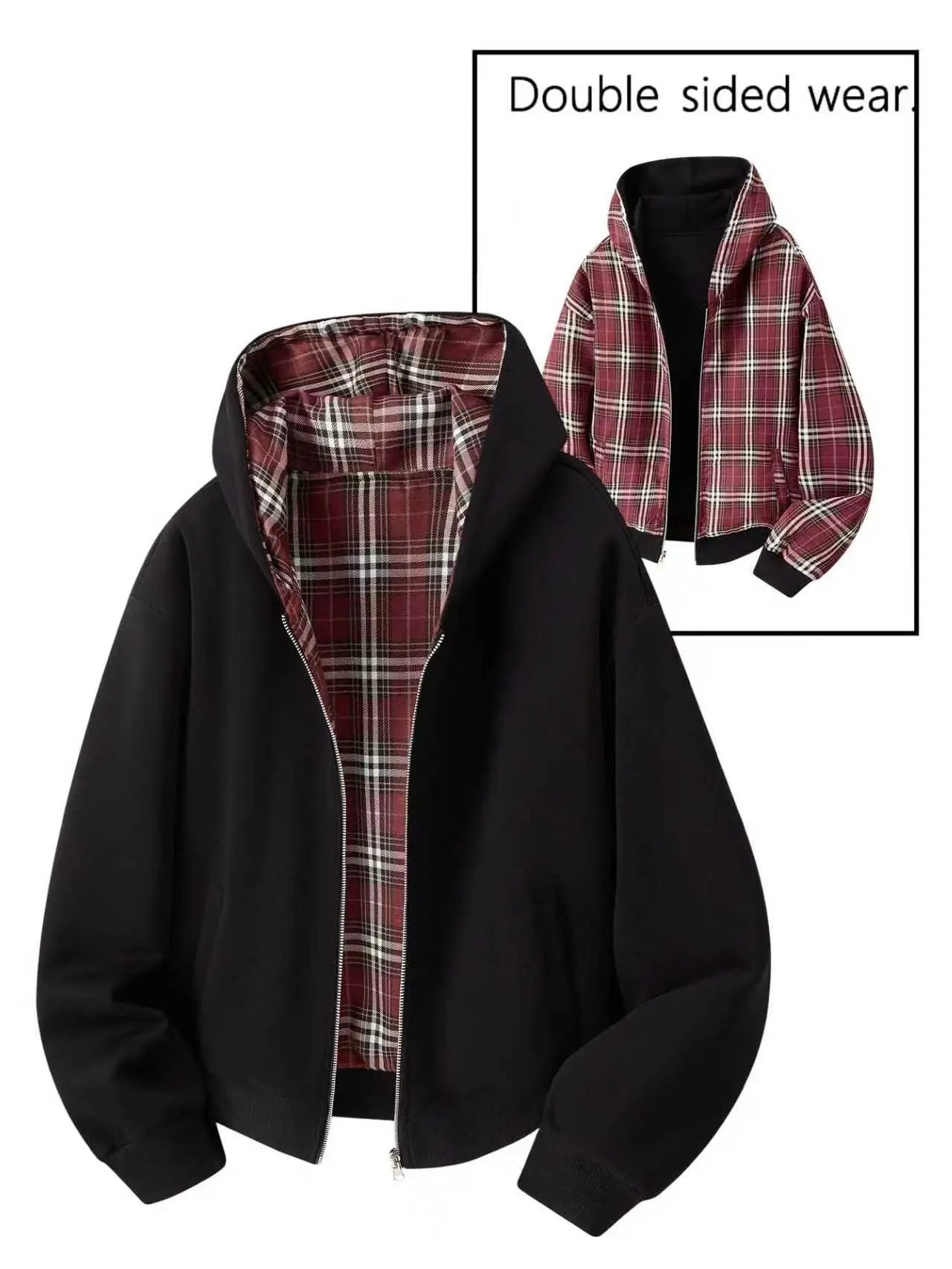 Unisex cotton blend double sided zip up hooded sweatshirt jacket — can be worn front or back; solid black + red plaid loose fit hoodie with kangaroo pocket. Suitable for everyday wear, work commutes, and street style.