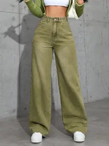 Olive High Waist Wide Leg Jeans, Casual Street Style, Trendy Slimming Loose Fit, All Seasons, Perfect for Commuting, Dates, Parties