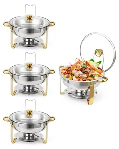 Garvee Set 4 Round Buffet Food Warmers in Stainless Steel with Glass Lid – Professional Heating for Parties, Home, Catering – 5/6L – Trays Included – Four Pieces with Gold Rim