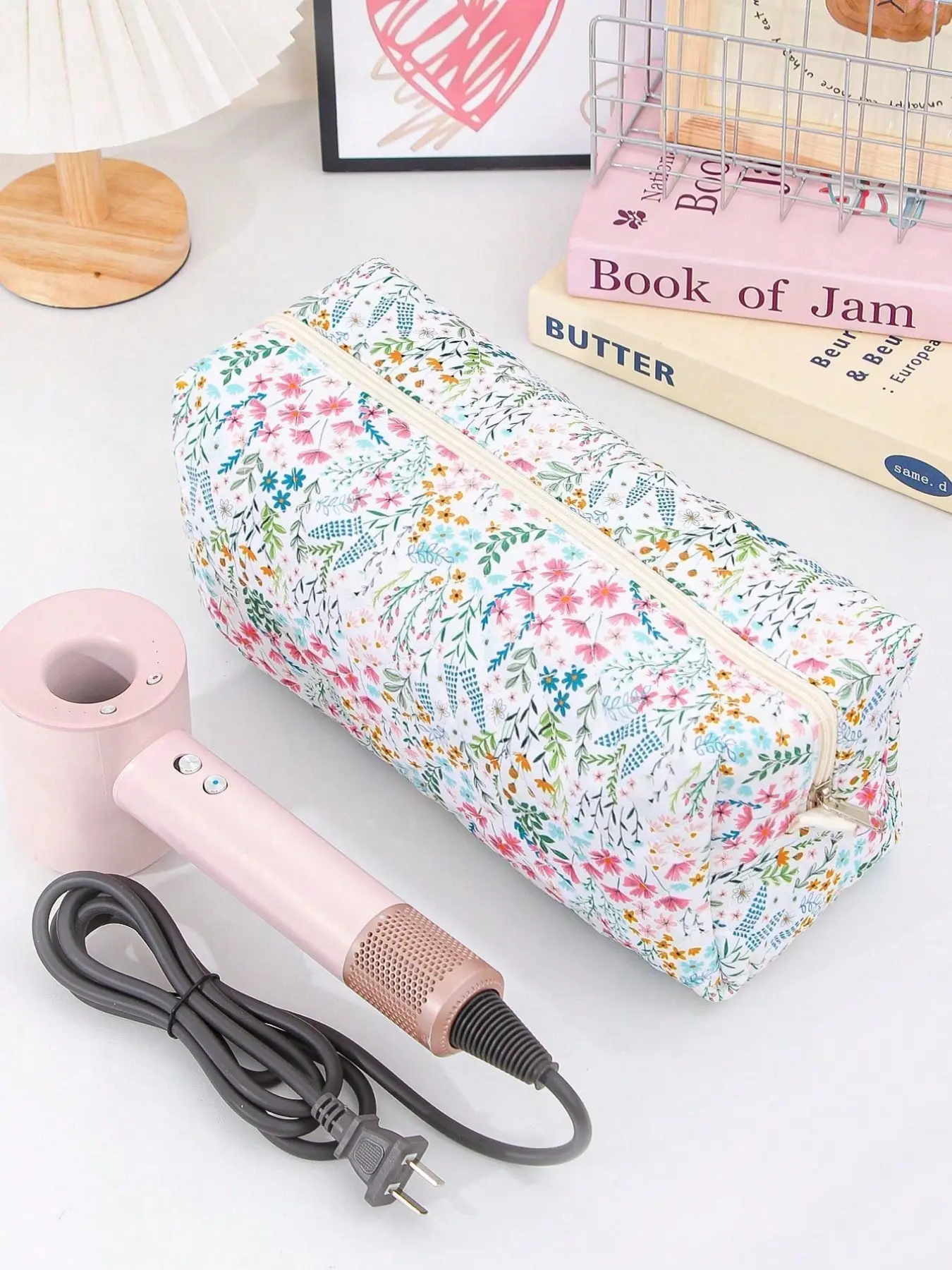Fashion Butterfly Knot Hair Dryer Storage Bag, Multi-Compartment Travel Organizer, Large Capacity Grid Pattern, Flower Design, Makeup Organizer Pouch, Travel Essentials, Travel Accessories