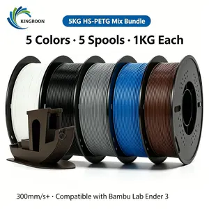 KINGROON HS-PETG filament, 1.75 mm diameter, 5 kg pack (includes 3 rolls, each 1 kg); KINGROON HS-PETG filament, 1.75 mm, 5 kg bundle — 300 mm/s+ high speed, 3 rolls (1 kg each), 3D filament black/white/gray, compatible with Bambu Lab