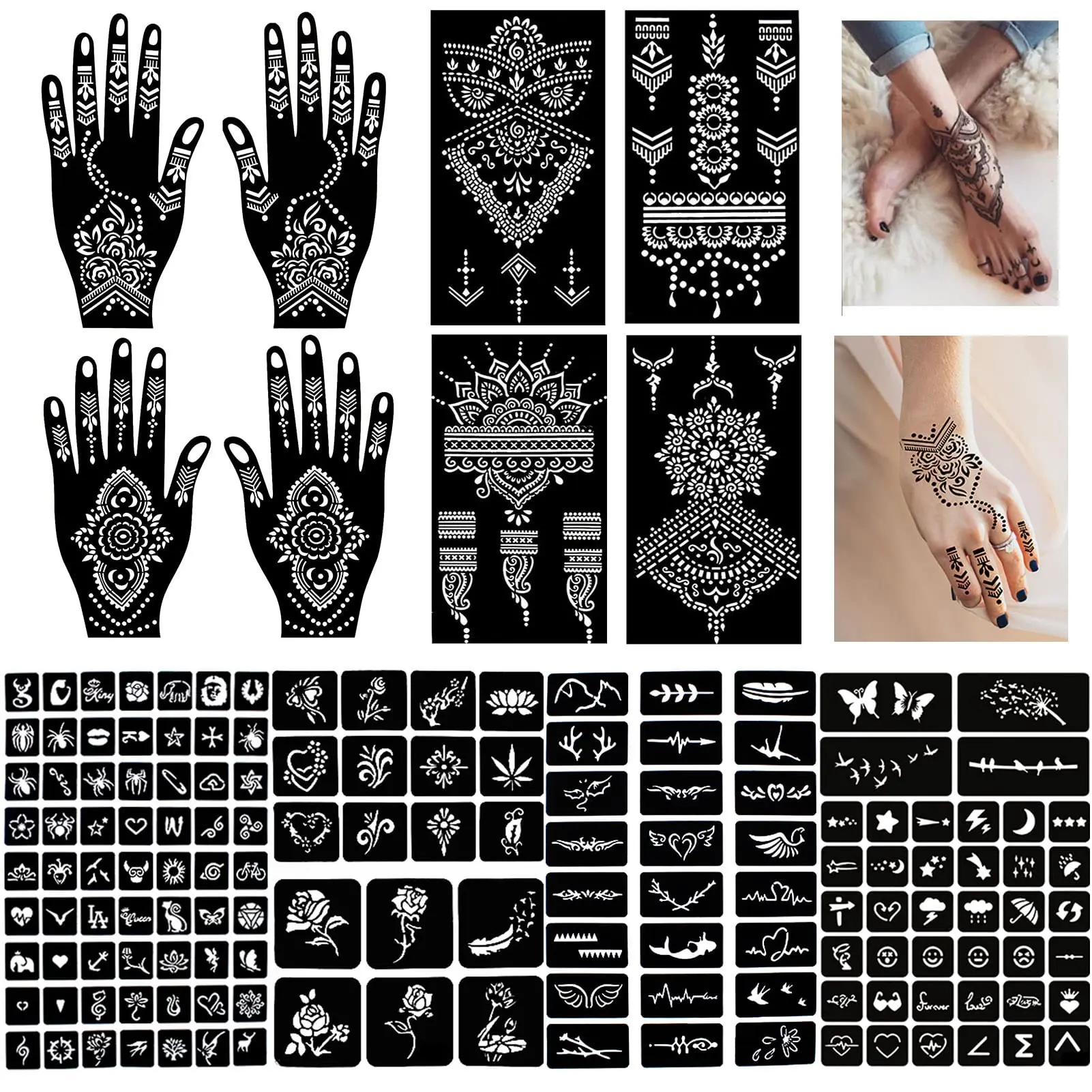 12 Sheets Henna Tattoo Stencils Kit For Hands Reusable,145Pcs Glitter Airbrush Tattoo Stickers Indian Arabian Self Adhesive Temporary Tattoo Templates for Women Girls and Kids