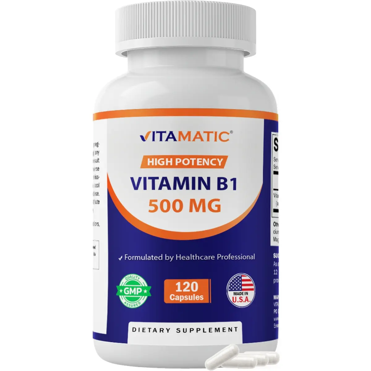 Vitamatic Thiamine Mononitrate (Vitamin B1) 500 mg Dietary Supplement Capsules, 120 Count - Magnesium-Free, Supports Energy Levels, Fitness, Brain Health Vitamatic Thiamine Mononitrate (Vitamin B1) 500 mg Dietary Supplement Capsules, 120 Count - Magnesium-Free, Supports Energy Levels, Fitness, Brain Health