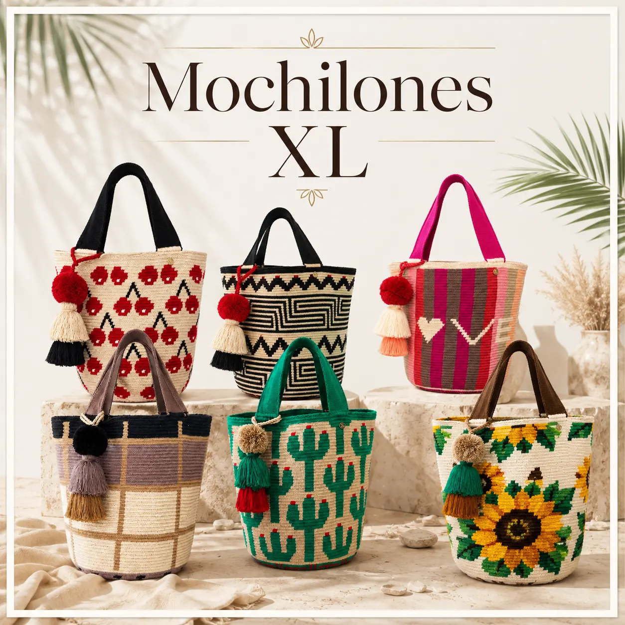 WAYUU BAG XL MOCHILON -  Geometric Pattern Tote, Casual Handbags, Colorblock Tassel Bags, Handmade Woven Bag