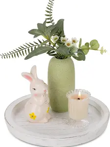 Rustic Wooden Serving Tray: Round Wood Decorative Tray Rustic White Centerpiece Candle Holder Trays Farmhouse Ottoman Tray for Decor Kitchen Counter Home Decor for Coffee Table