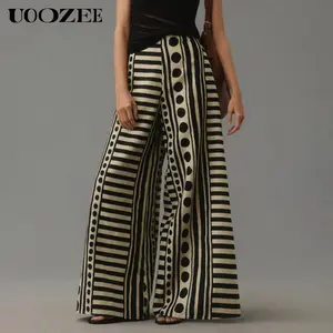 UOOZEE Women's 2025 Spring-Autumn Polyester Lady Pants - Breathable, Polka-Dot & Striped, Loose-Fitting Wide Leg, with Pockets, Zipper, Soft Drape, Casual Wear (Smaller Waist Fit - Check Size Guide or Order 1 Size Larger)