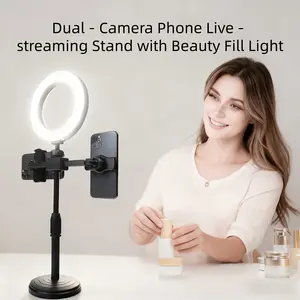 360° Rotatable Universal Selfie Phone Stand with Dual Clamp Adapter, Dual Camera Setup, Beauty Light & Adjustable Durable Design – Mobile & Tech Accessories for YouTube Live Streaming & Content Creation