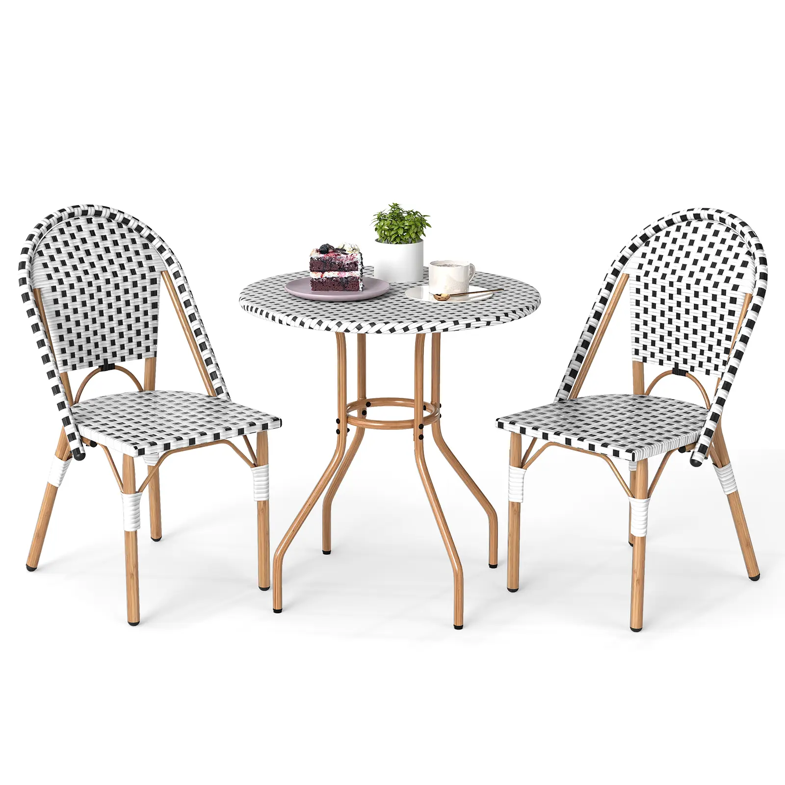 COSTWAY - 3 Piece French Bistro Table Chair Set with Outdoor Wicker Round Table and 2 Dining Chairs