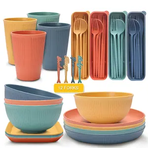 48 pcsreusable wheat cutlery set, microwave and dishwasher safe, BPA free, perfect for family gatherings and picnics, knife, fork, spoon, chopstick storage box, plate, bowl, cup, portable and lightweight travel plastic cutlery set, Plastic Dinnerware Sets
