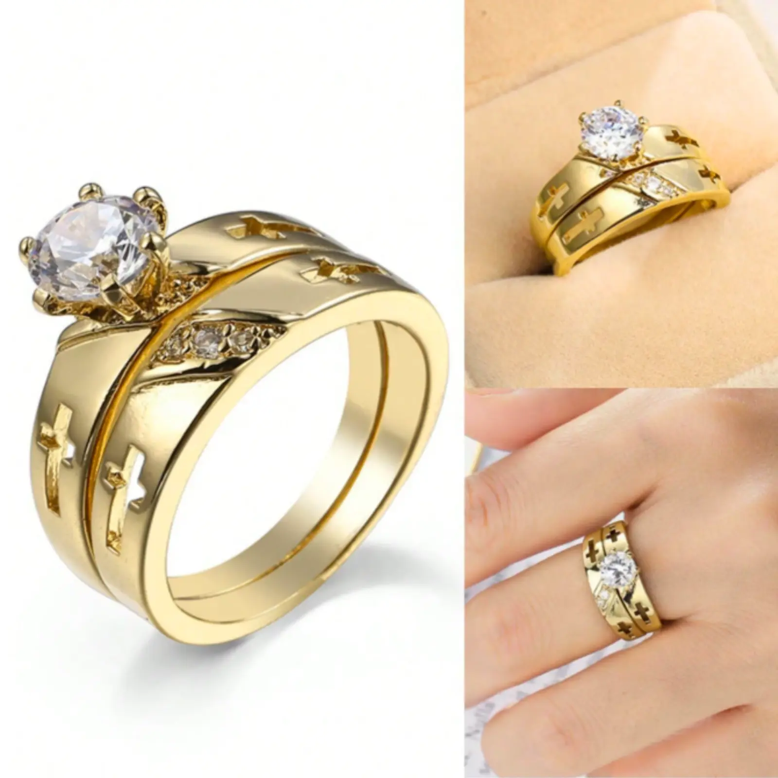 Two matching 14k gold-plated rings decorated with crosses, jewelry for men and women, anniversary gifts, or everyday wear.