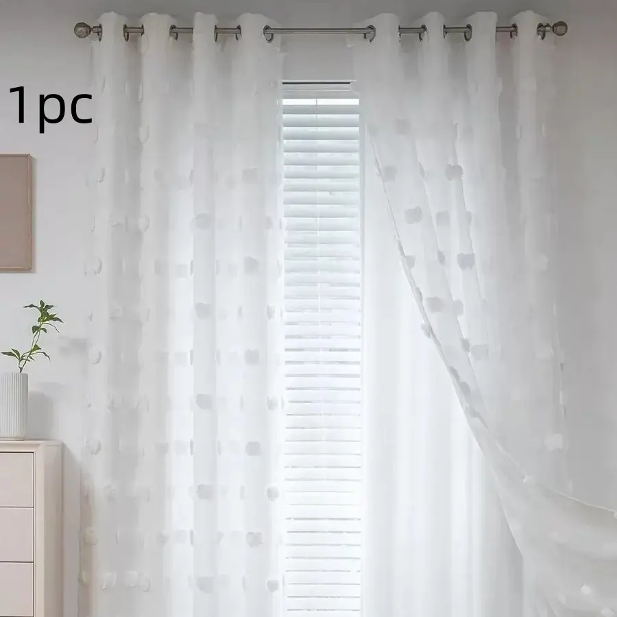 1pc High-End American Style Double-Layer Sheer Curtain, Plush Pom-Pom Decoration, Suitable for Living Room, Bedroom, Etc