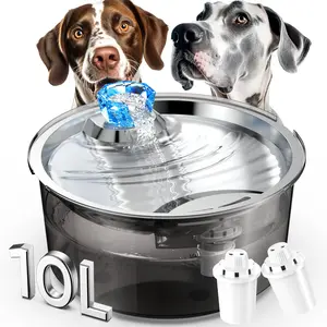 2.6 Gallon Water Fountain for Large Dogs/Cats,  10L Dog Water Bowl Dispenser with Stainless Steel Filtered Slow Feeder Bowls