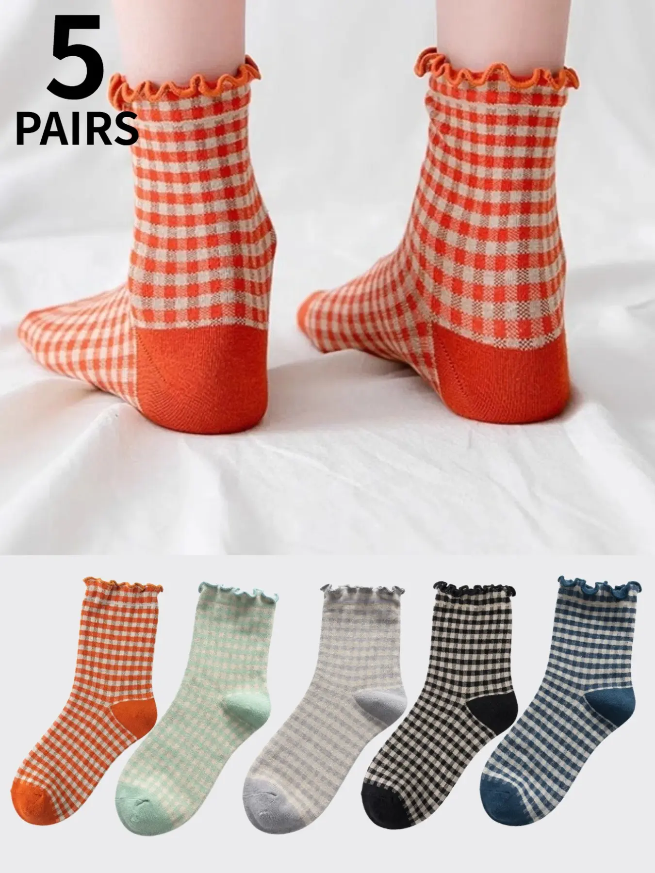 5 pairs of retro Vintage checkered Gingham mid-calf socks and cute colorful checkered lace socks are perfect for women's daily sports and casual wear