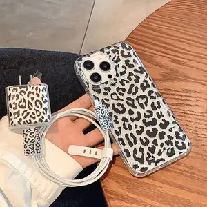 5-Piece Set Transparent Airbag Case, Leopard Pattern Phone Cover, Charging Head Cap, Data Line Protector, Compatible with iPhone 15/16 Series, Accessories