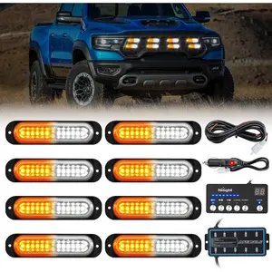 Nilight 8PCS Led Strobe Lights with Controller 12V 24V Sync Feature Amber White Strobe Light 12 LED Surface Mount Lights with Strobe Controller for Vehicle Car Truck RV ATV