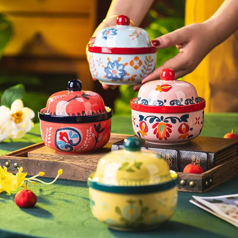 Floral Pattern Ceramic Stew Bowl, Household Ceramic Stew Bowl with Lid, Water-proof Stew Bowl for Home Kitchen Dining Room