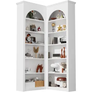 71-Inch 6-Tier L-Shaped Corner Bookshelf, Arched French Style Brown Matt Modern Bookshelf, Living Room/Home Office Storage & Display Unit