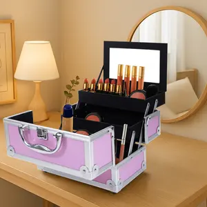 Pink Aluminum Makeup Train Case with Mirror - Portable Cosmetic Organizer Box for Travel & Home Use