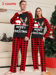 Men's & Women's Merry Christmas Pajama Set, Long Sleeve Top & Pants, Casual Fitted Sleepwear, Loungewear, All-Season Comfortable Home