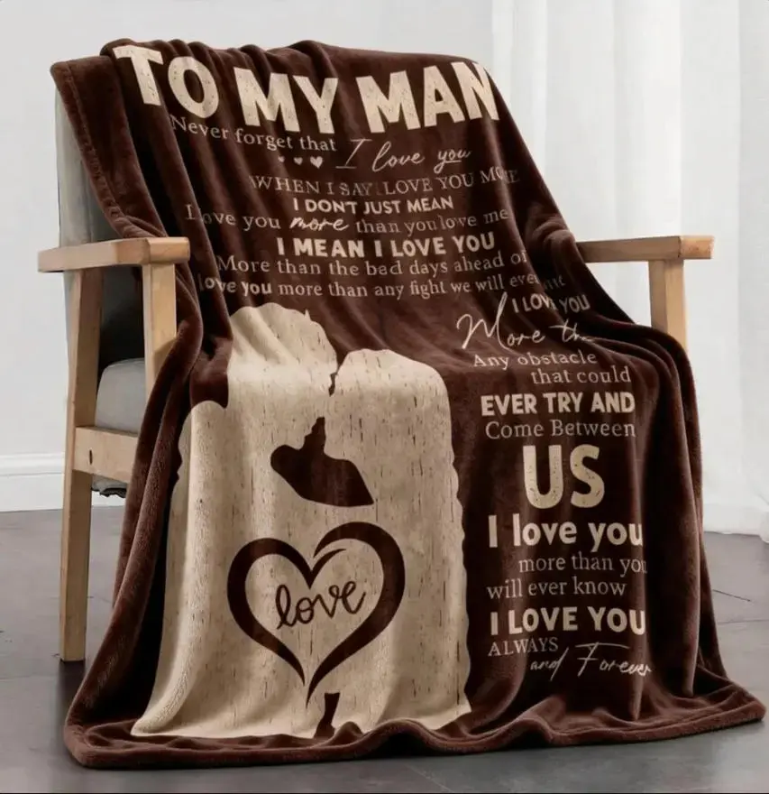 TO MY MAN Letter Character Pattern Soft Warm Throw Blanket 12 Counts Airconditioned Room Blanket Valentine’s Day Warm Nap Blanket for Home Office Travel Outdoor Fun