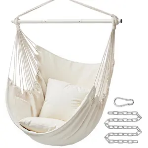 Hammock Chair, Load Capacity 500 lb, Hanging Chair with 2 Cushions, Large Hammock Swing with Chain and Pocket, for Indoor, Outdoor, Living Room, Bedroom, Cream White