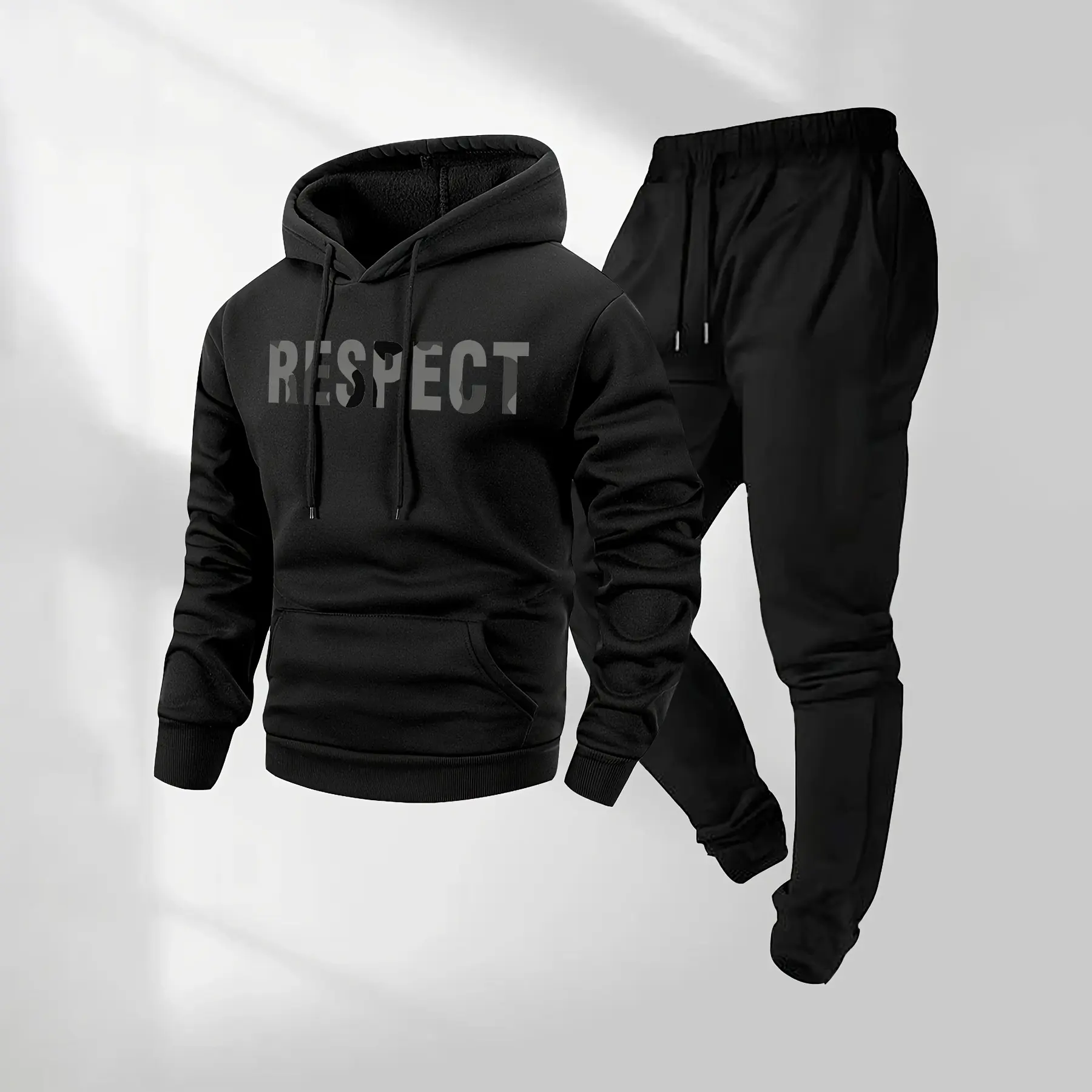Men's Respectful Patterned Hoodie And Drawstring Track Pants Set, Men's Casual Sportswear Long-Sleeved Hooded Jacket And Trousers, Suitable For Autumn And Winter, Men's Everyday Wear, Indoor And Outdoor Sportswear, Tracksuit.