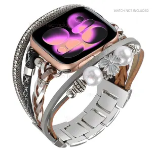 Boho Beaded Bracelet Compatible with Apple Watch Bands, Smart Watch Strap, Leather Fashion Multi-Layer Wristband for Women, Smart Watch Accessories, Fits Series 1-11 & Iwatch 3-1