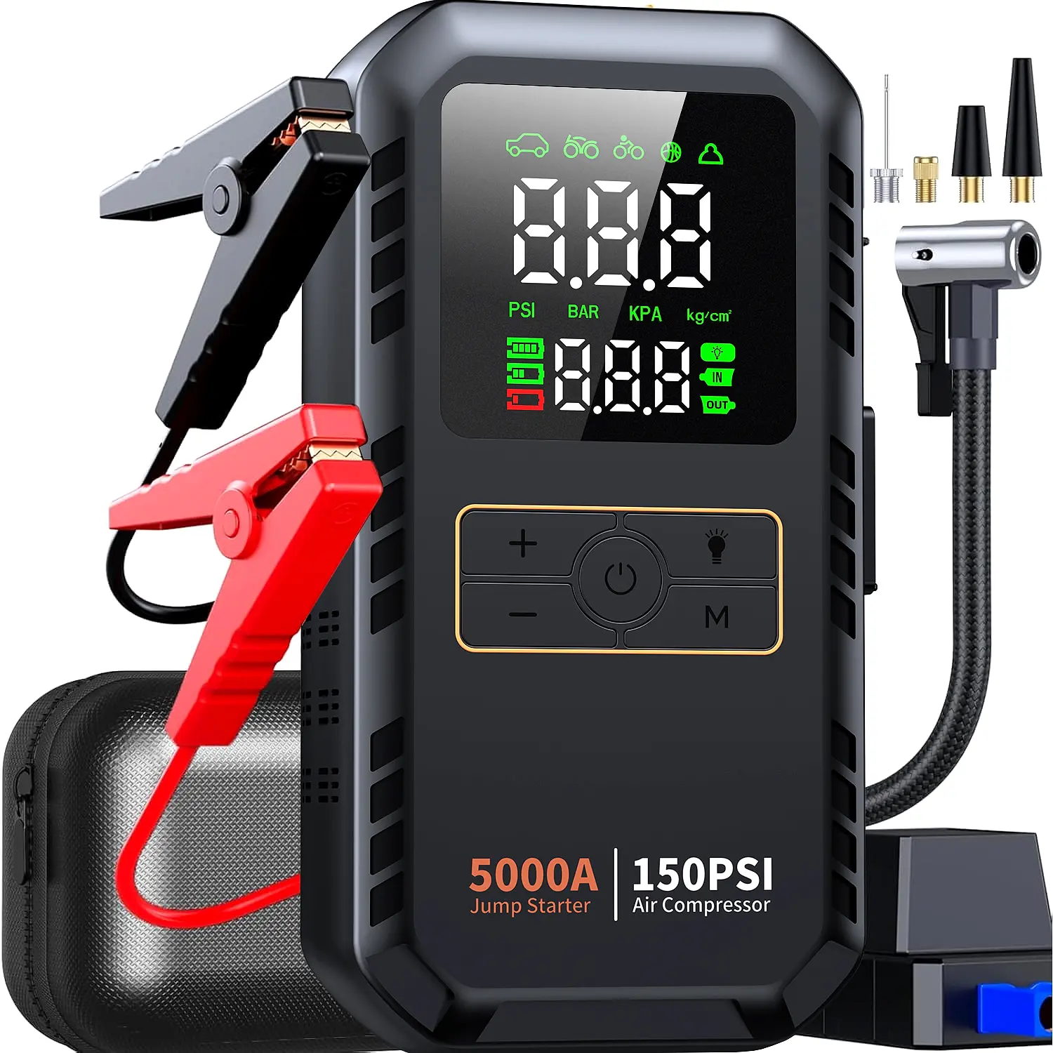 【QY03】4-in-1Portable Jump Starter with Air Compressor,5000A Car Battery Diesel Engines,150PSI Tire Inflator Air Compressor, LED Lights, Power Bank , Car Emergency