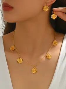 3-Piece Copper Bridal Necklace Earrings Set, Perfect for African Wedding Banquet, Luxurious Golden Jewelry Collection