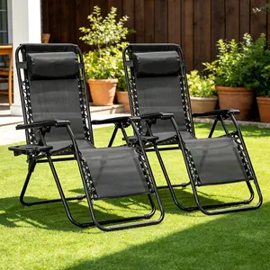 Zero Gravity Chair 2Pcs, 350lb Capacity,SummerVibes, Folding Reclining Chair with Adjustable Pillow and Cup Holder for Garden, Patio, Beach, Black