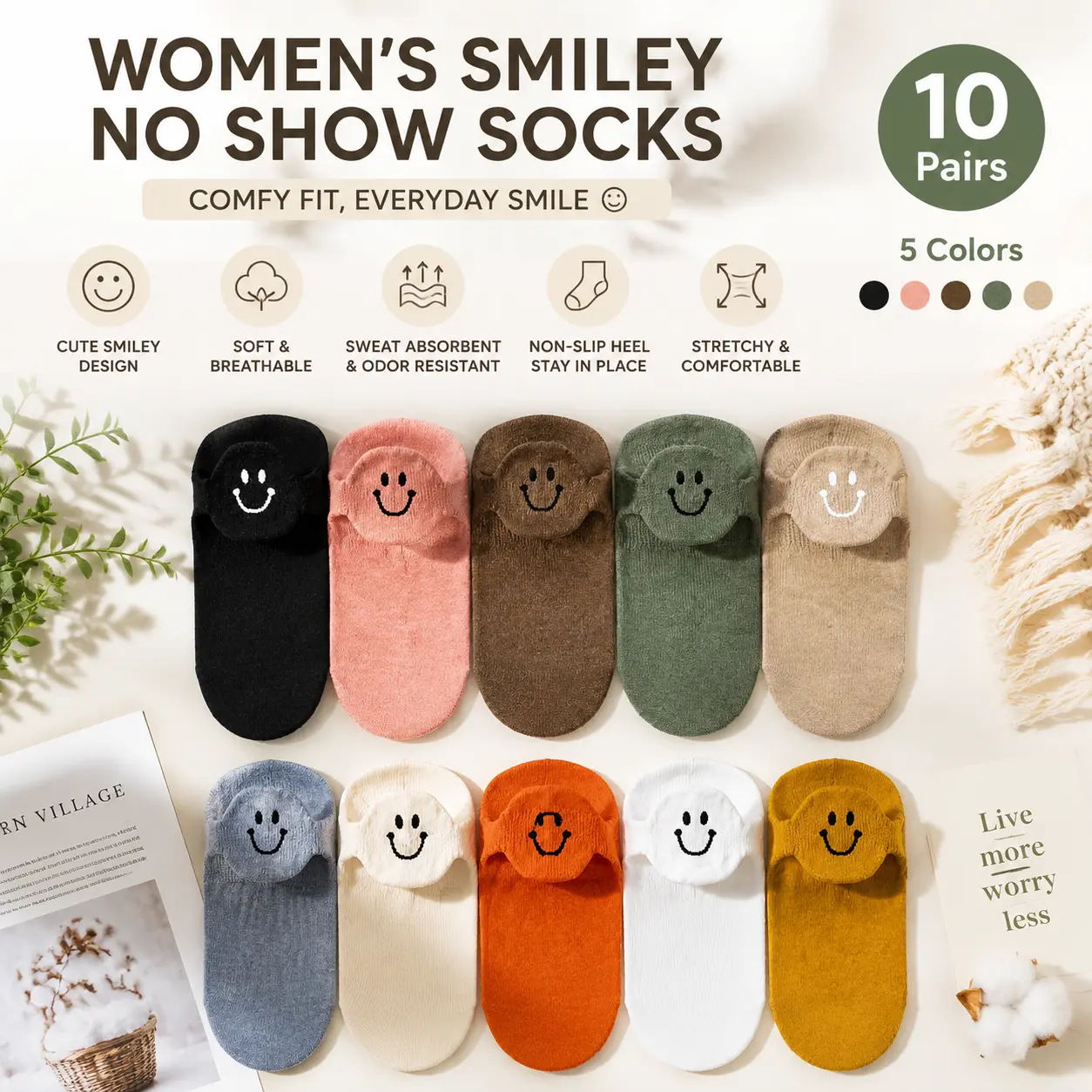 10 Pairs Women's Cute Smiley Face Socks, Soft Comfortable Low-Cut Ankle Socks, Adorable Smiley Pattern Casual Socks for Daily Wear Anklesock Womenswear, Bulk Socks, Graphic Ankle Socks