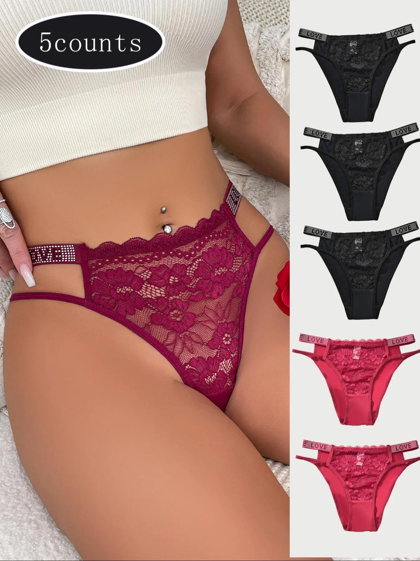 5/6 Pack Women's Sexy Lace Panel Breathable Triangle Panties, Stylish Rhinestone Letter Design, Comfortable Fit, Ideal for Everyday Wear