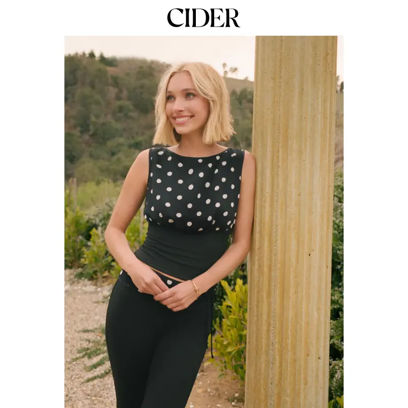 Cider [size 0-10] Chiffon Boat Neck Polka Dot Lace Up Tank Top