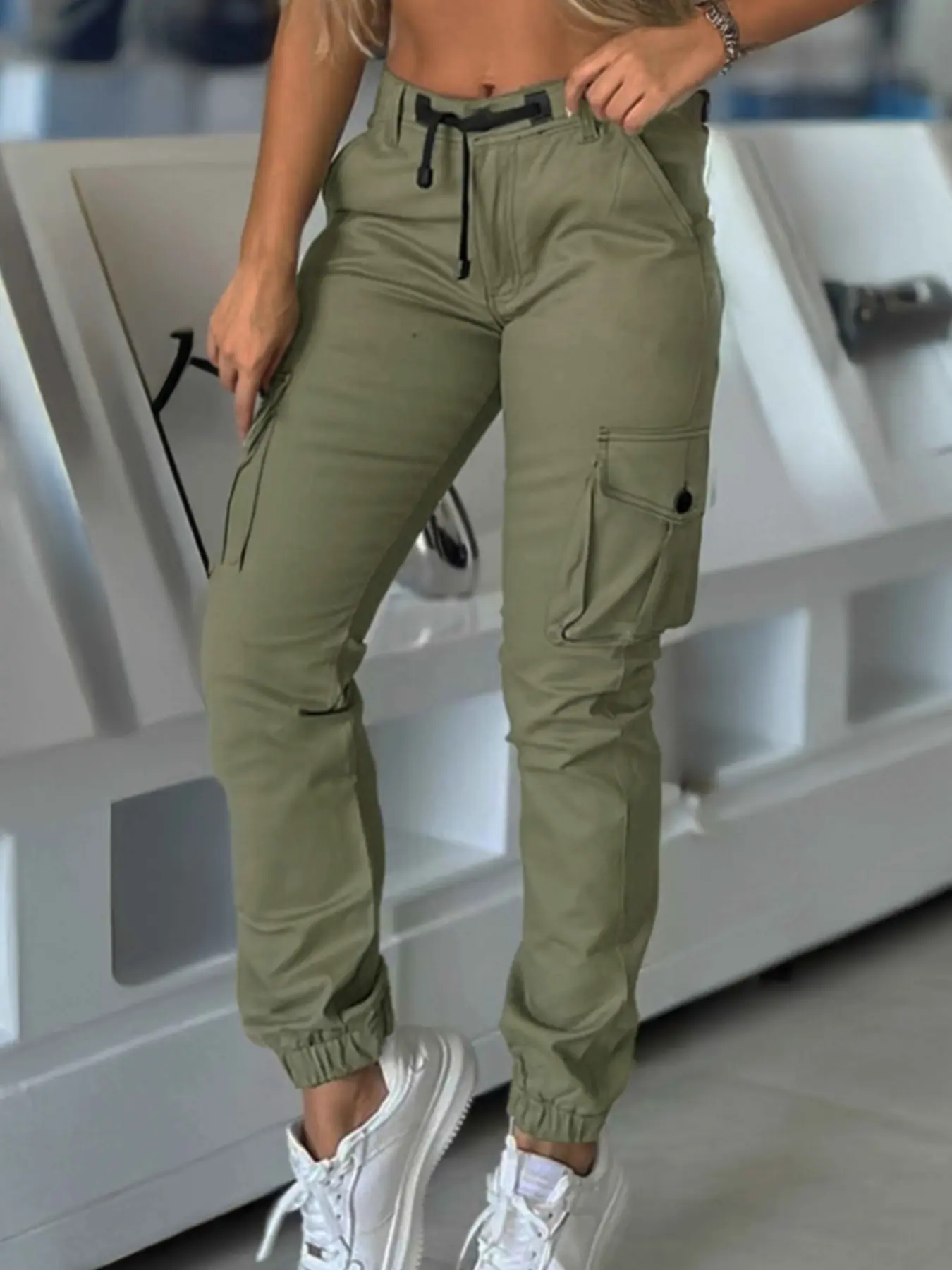 New Women's Fashion Utility Pants Bottom, Multi-Pocket Casual Adjustable Drawstring Cargo Trousers, Comfortable Long Workwear for Spring & Fall Seasons, Solid Color Bottoms