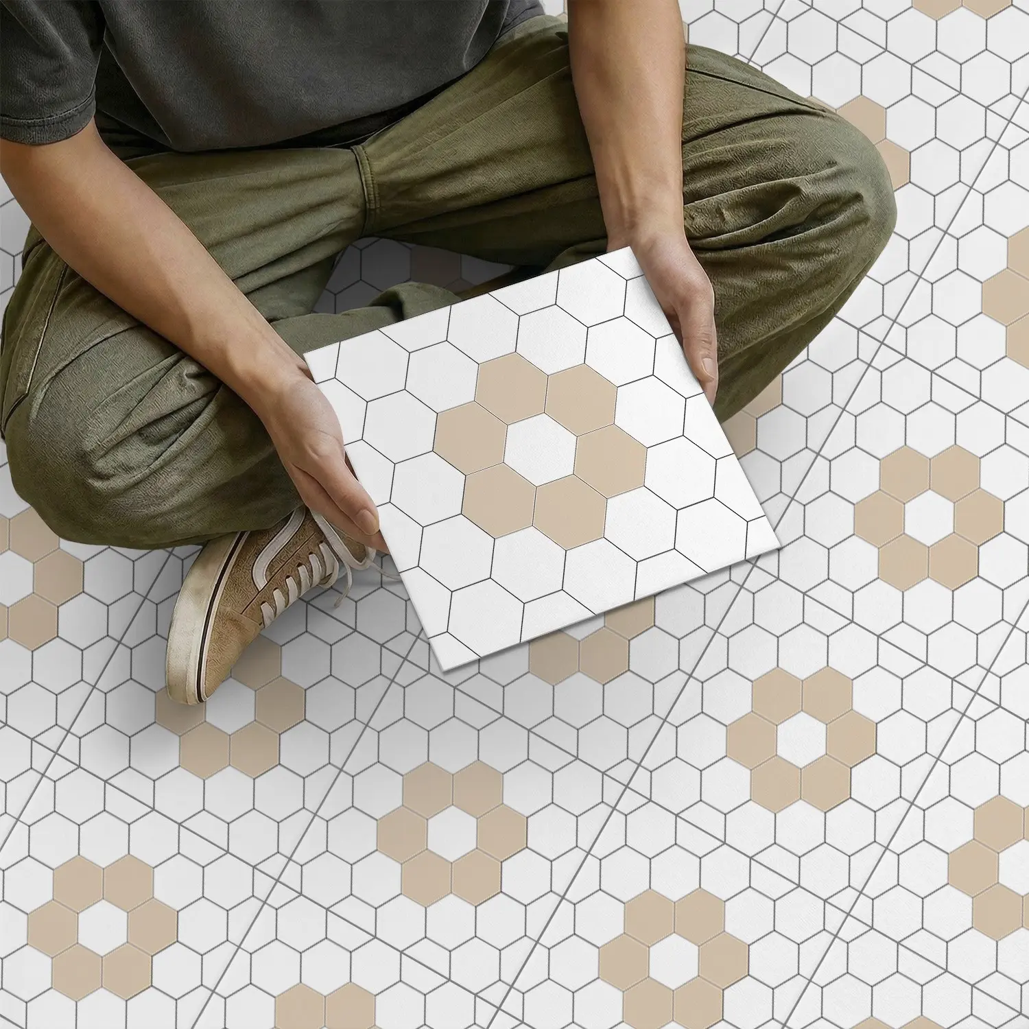 Simple Geometric Flower Tiles, Removable and Reusable, Thick Matte PVC, Waterproof and Durable, Easy to Clean, Ideal for Kitchen and Bathroom Decor, Peel and Stick Flooring